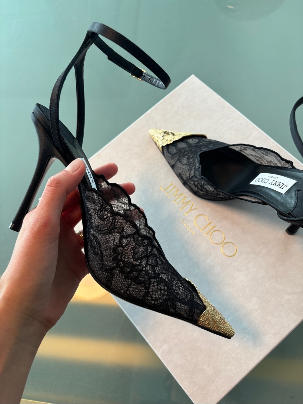 Jimmy Choo Faiz 100 Black Lace Pointed Toe Heels with Gold Toe Cap